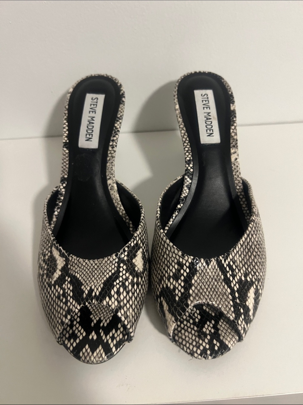 Steve Madden Snake-Print Open-Back Mules in Black & White